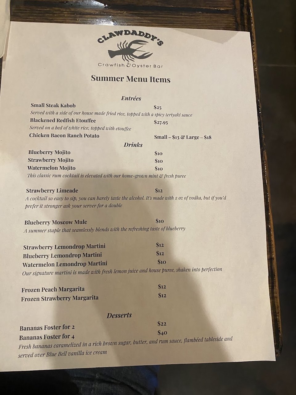 Seafood menu with poboys and fried items.