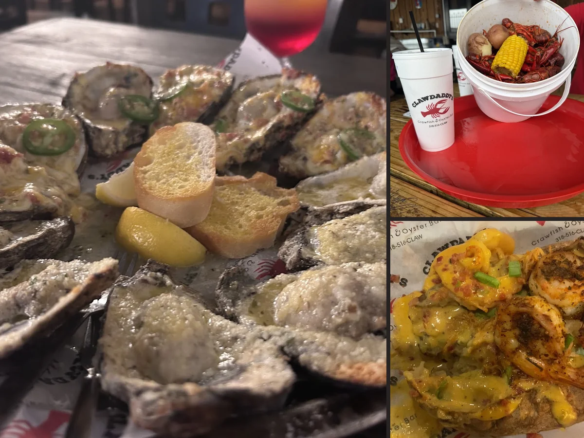 Crawfish and oyster bar with casual tables.